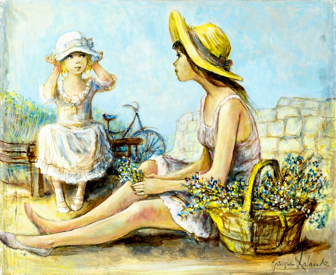 Jacques Lalande (French,1921-2003) oil painting: ARTIST: Jacques Lalande (France, 1921 - 2003) TITLE: Mother and Daughter MEDIUM: oil on canvas CONDITION: Unstretched (In-House stretching available) (In-House stretching av