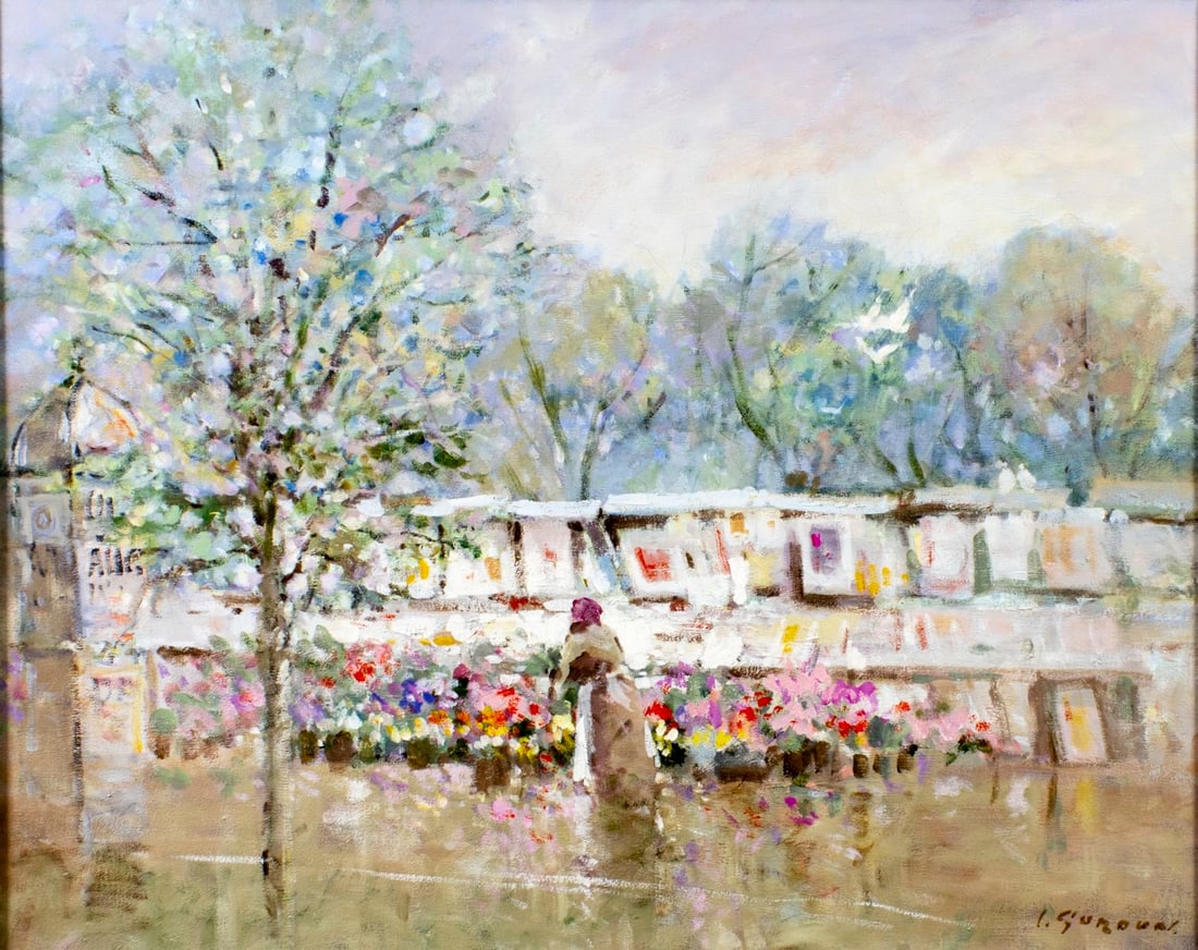 Lou Gordon (TX,20C) oil painting: ARTIST: Lou Gordon (Texas, 20 century) TITLE: Flower Seller MEDIUM: oil on canvas CONDITION: Some craquelure. No visible inpaint under UV light. ART SIZE: