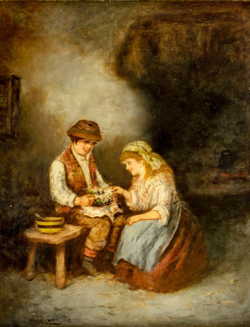Mark William Langlois (UK,1848-1924) oil painting antique: ARTIST: Mark William Langlois (United Kingdom, 1848 - 1924) TITLE: Courting Couple MEDIUM: oil on canvas CONDITION: Relined. Minor paint losses along edges. No visible inpai