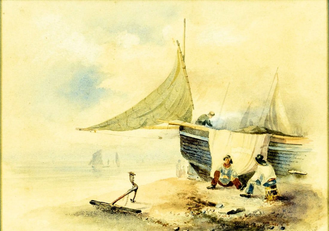 Antique early 20C European watercolor painting: ARTIST: - (Europe, early 20 century) TITLE: Coastal Scene with Beached Boat MEDIUM: watercolor on paper CONDITION: Some age toning. Framed under glass. Minor damages to fram