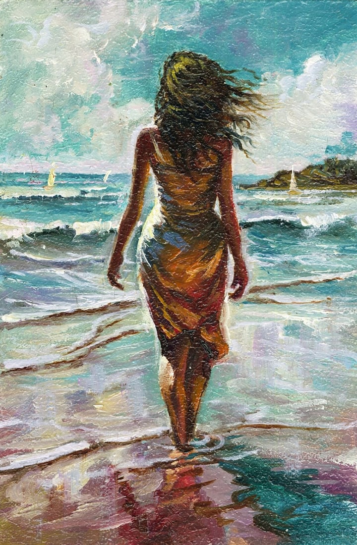 Sergey Kozachkin (Ukraine,b 1965) oil painting: ARTIST: Sergey Vasilievich Kozachkin (Ukraine, born 1965) TITLE: Woman Walking on Beach MEDIUM: oil on board CONDITION: Very good. No visible inpaint under UV light.