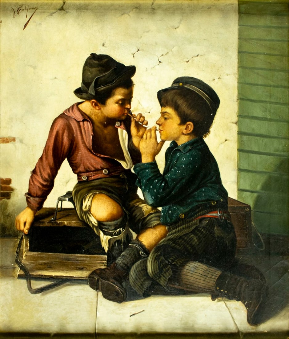John Califano (IL,CA,Italy,1862-1946) oil painting antique: ARTIST: John Califano (Illinois, California, Italian, 1862 - 1946) TITLE: First Smoke MEDIUM: oil on canvas CONDITION: Some small scratches/paint losses. Some craquelure. No
