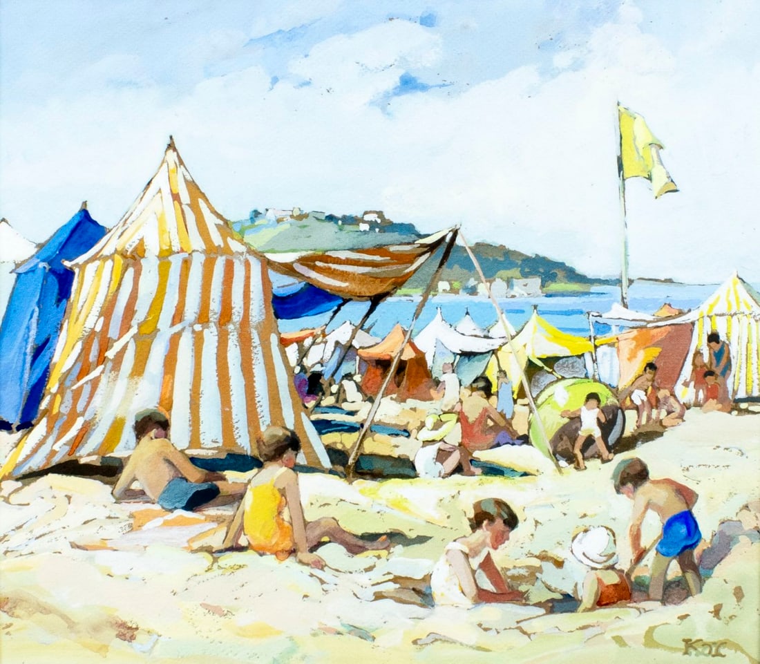 Vintage 20C European gouache painting signed: ARTIST: - (Europe, 20 century) TITLE: Beach Scene with Cabanas MEDIUM: gouache on paper CONDITION: Very good. Framed under glass. ART SIZE: 10 x 12 inche