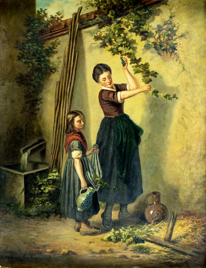 F De Leub (France,19C) oil painting antique: ARTIST: F De Leub (French, 19 century) TITLE: Woman Harvesting Grapes MEDIUM: oil on canvas CONDITION: Relined. One repaired tear. Few small scratches/paint losses. Some cra