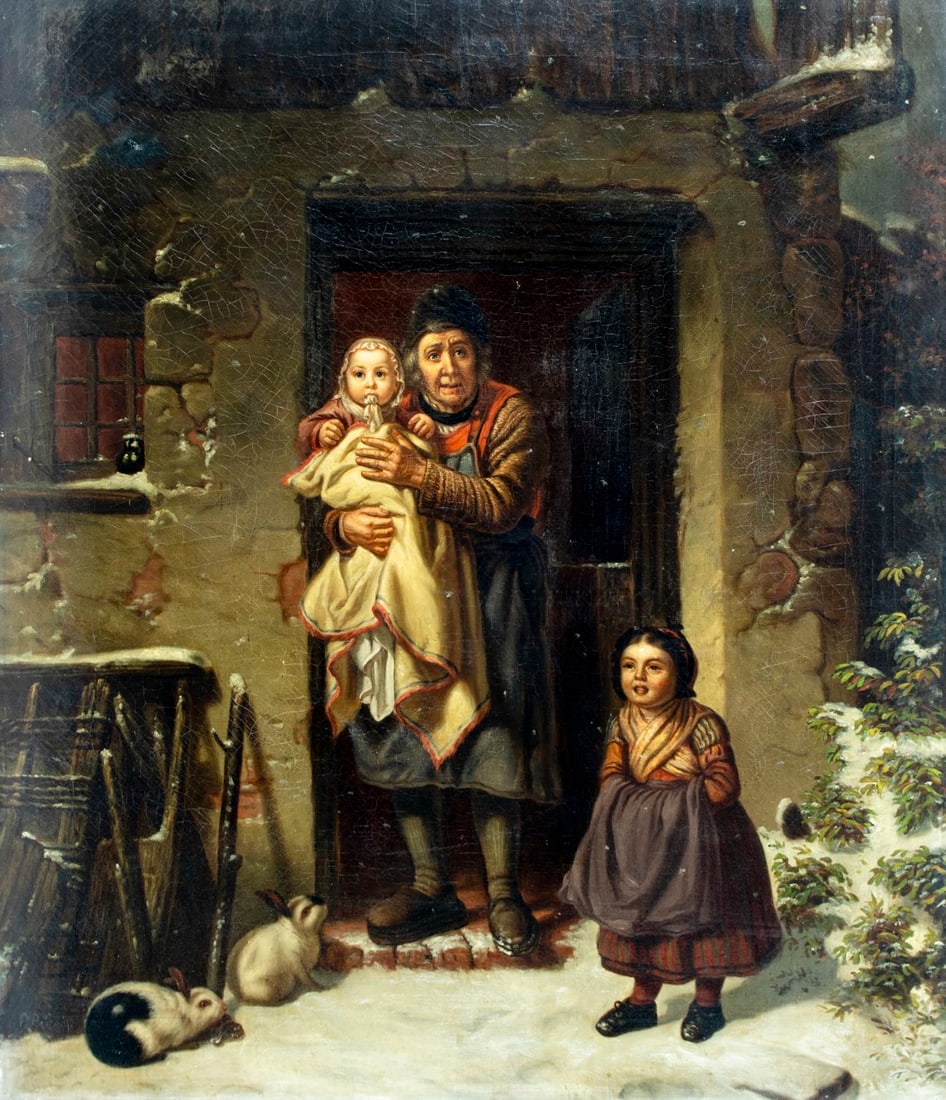 Antique 19C European oil painting signed: ARTIST: - (Europe, 19 century) TITLE: The First Snow MEDIUM: oil on canvas CONDITION: One repaired puncture. Some small scratches/paint losses. Some craquelure. Some scatter