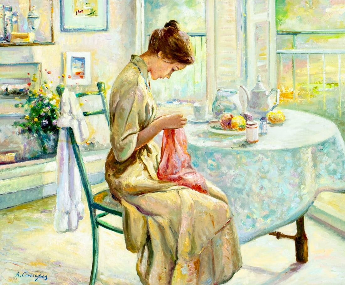 A Campos (Europe,20C) oil painting: ARTIST: A Campos (European, 20 century) TITLE: Interior Scene MEDIUM: oil on canvas CONDITION: Overall good. No visible inpaint under UV light. Normal wear along edges.