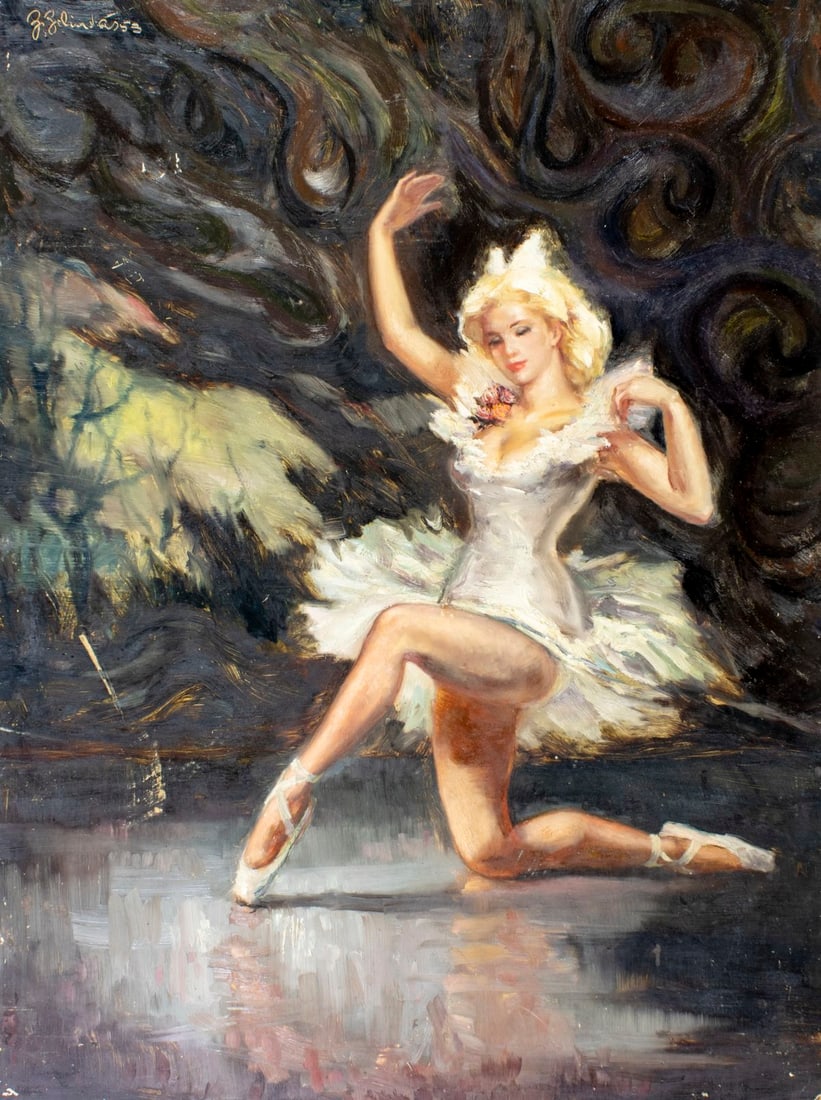 Vintage mid 20C oil painting signed: ARTIST: - (mid 20 century) TITLE: Ballerina YEAR: 1953 MEDIUM: oil on board CONDITION: Some damages to edges and corners. Some scratches/paint losses (se