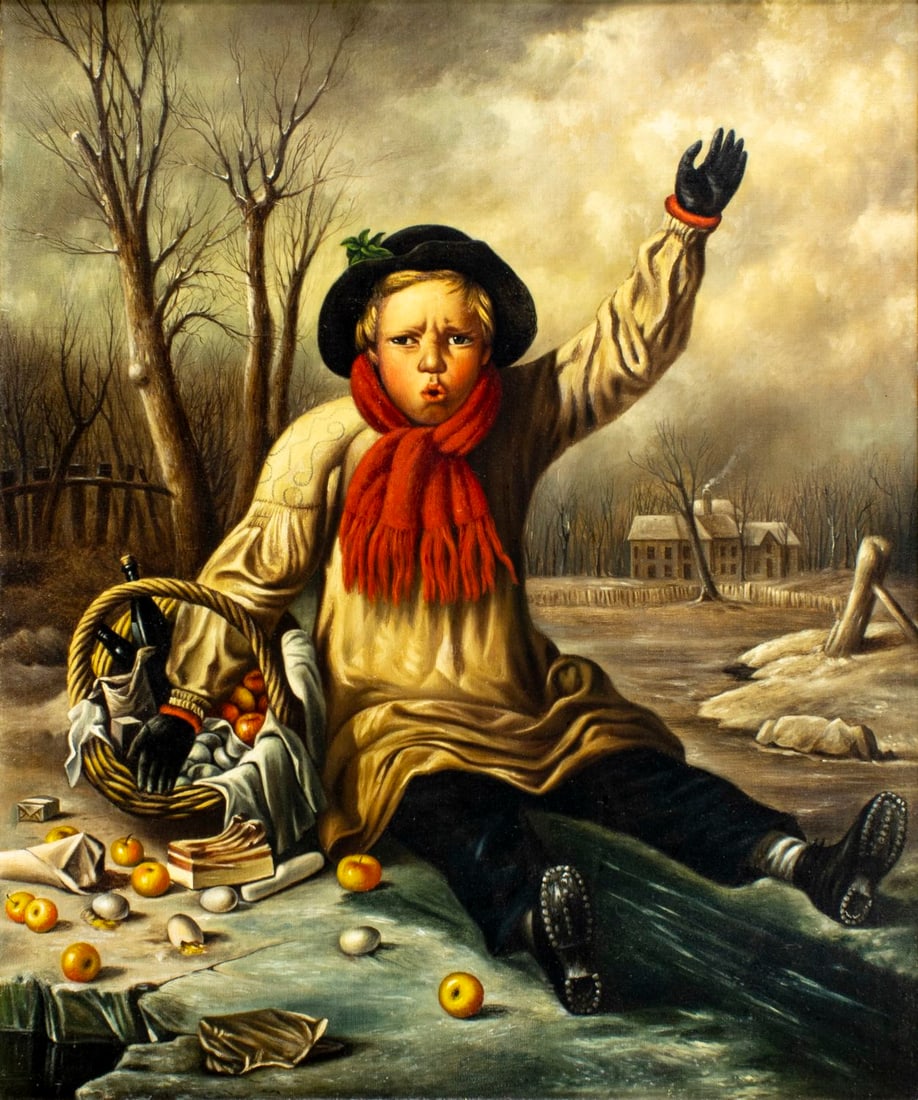 Antique 19C European oil painting: ARTIST: - (Europe, 19 century) TITLE: Boy with Basket MEDIUM: oil on canvas CONDITION: Relined. Few minor scratches/paint losses. Minor craquelure. Some scattered small inpa