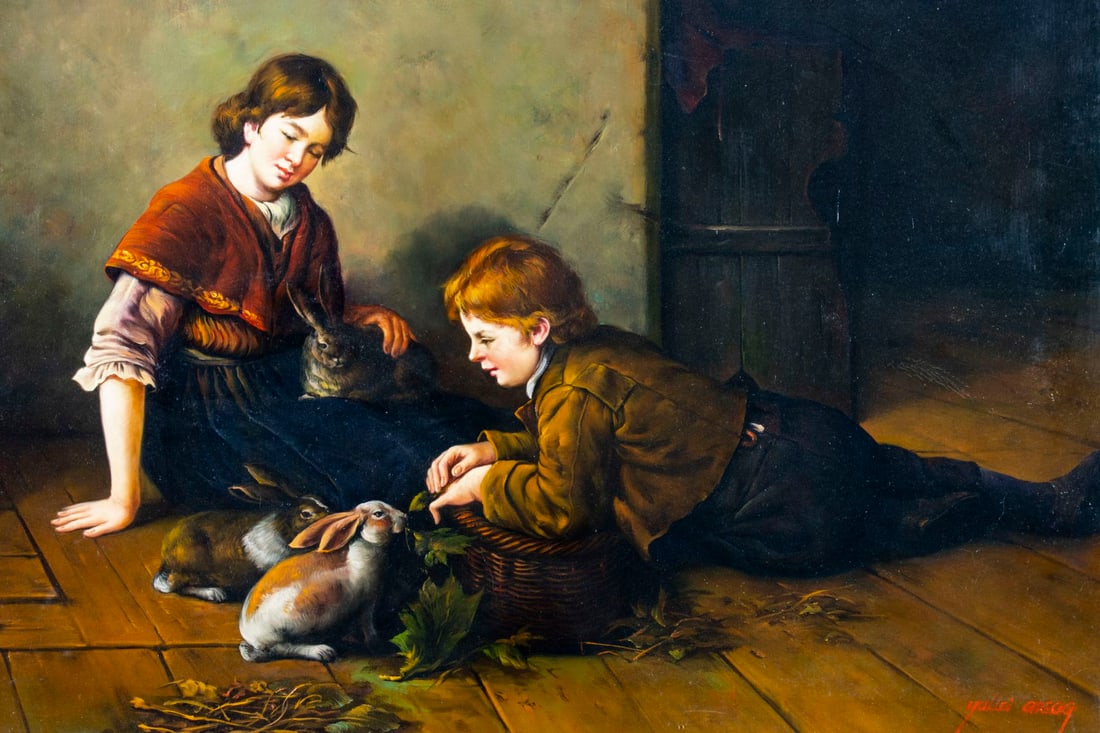 Yullei Gregg (US,20C) oil painting: ARTIST: Yullei Gregg (American, 20 century) TITLE: Children Playing with Rabbits MEDIUM: oil on canvas CONDITION: Very minor craquelure. No visible inpaint under UV light.