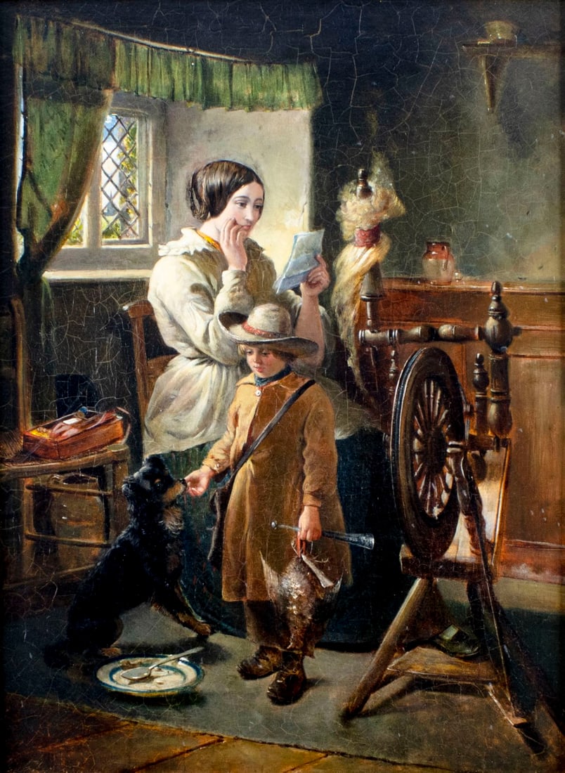 Antique 19C British oil painting: ARTIST: - (United Kingdom, 19 century) TITLE: Reading a Letter MEDIUM: oil on canvas CONDITION: Relined. Few very minor paint losses. Some stable craquelure. Some scattered