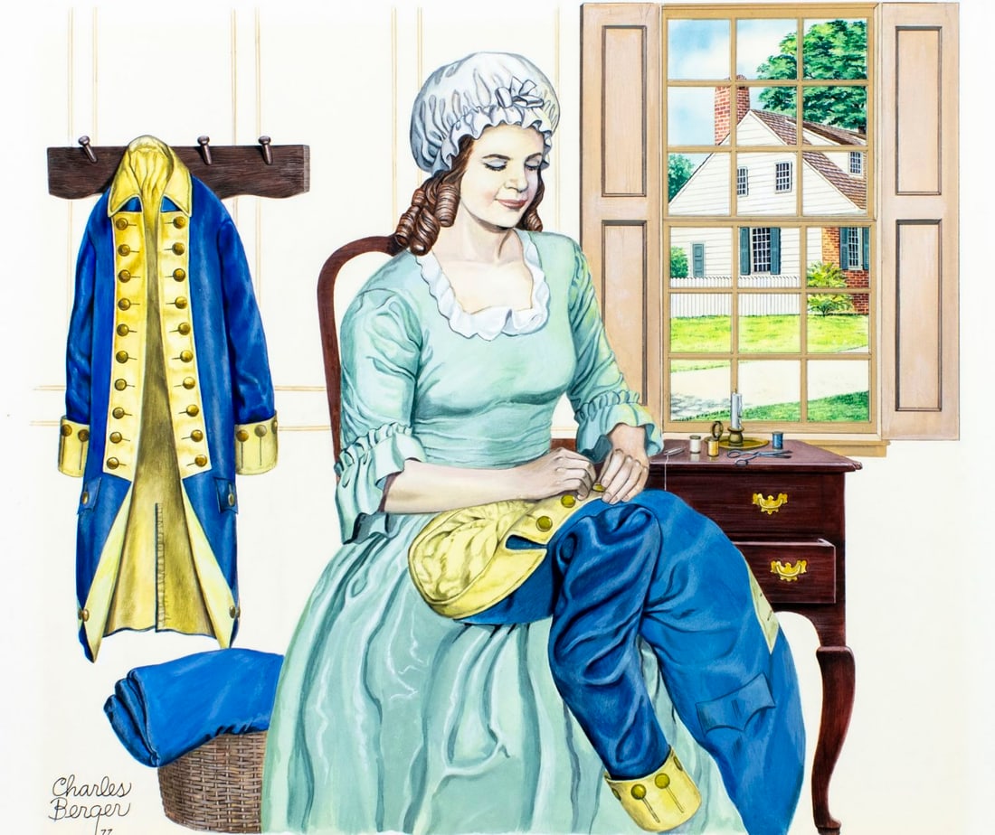 Charles Berger (NY,AZ,1922-2012) gouache painting: ARTIST: Charles J Berger (New York, Arizona, 1922 - 2012) TITLE: Seamstress, Craftsmen YEAR: 1977 MEDIUM: gouache on board CONDITION: Very good.