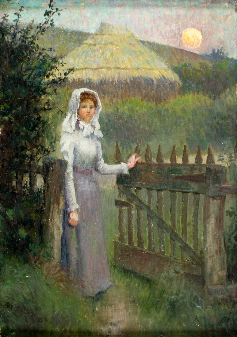 Leonard Frank Skeats (UK,1874-1943) oil painting antique: ARTIST: Leonard Frank Skeats (United Kingdom, 1874 - 1943) TITLE: Woman at Gate MEDIUM: oil on board CONDITION: Some paint losses. No visible inpaint under UV light. Some sm
