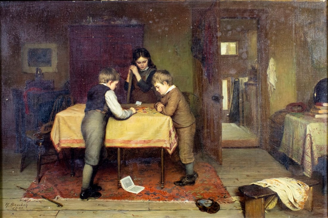 Harry Brooker (UK,1848-1940) oil painting antique: ARTIST: Harry Brooker (United Kingdom, 1848 - 1940) TITLE: Children Playing Table Game YEAR: 1883 MEDIUM: oil on canvas CONDITION: Some small paint losse