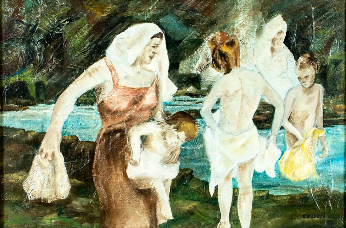Thom H Street (PA,mid 20C) oil painting: ARTIST: Thom H Street (Pennsylvania, mid 20 century) TITLE: Bathing at the Falls YEAR: 1968 MEDIUM: oil on canvas CONDITION: Few minor paint losses mostl