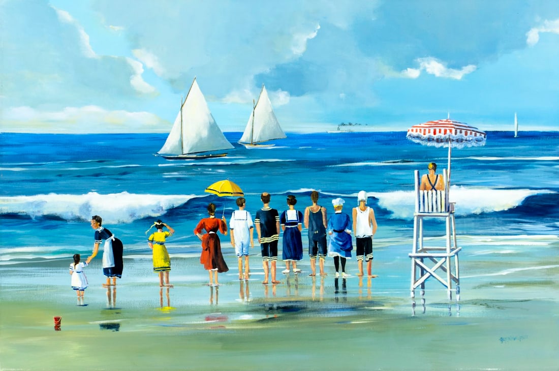 Sally Caldwell Fisher (ME,MI,b 1951) oil painting: ARTIST: Caldwell Fisher (Maine, Michigan, born 1951) TITLE: Summer Suits (titled on label) MEDIUM: oil on canvas. Canvas applied to board. CONDITION: Some damage to the uppe