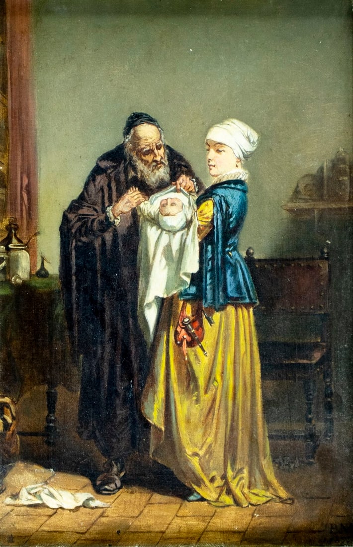 Antique 19C German oil painting: ARTIST: - (Germany, 19 century) TITLE: The Family Doctor YEAR: 1870s MEDIUM: oil on canvas CONDITION: Few minor paint losses. No visible inpaint under UV