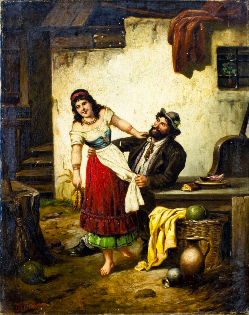 J Arlet (France,19/20C) oil painting antique: ARTIST: J Arlet (French, 19/20 centuries) TITLE: Courting Couple MEDIUM: oil on canvas CONDITION: Some small damages to upper edge of canvas. Some flaking/paint losses. Some