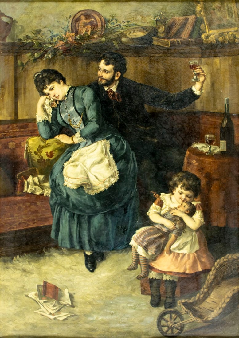 ATTR Emanuel Spitzer (German,1844-1919) oil painting antique: ARTIST: ATTRIBUTED TO Emanuel Spitzer (Germany, 1844 - 1919) TITLE: After a Quarrel - Sei Wieder Gut MEDIUM: oil on canvas CONDITION: Relined. Some scratches/paint losses. S