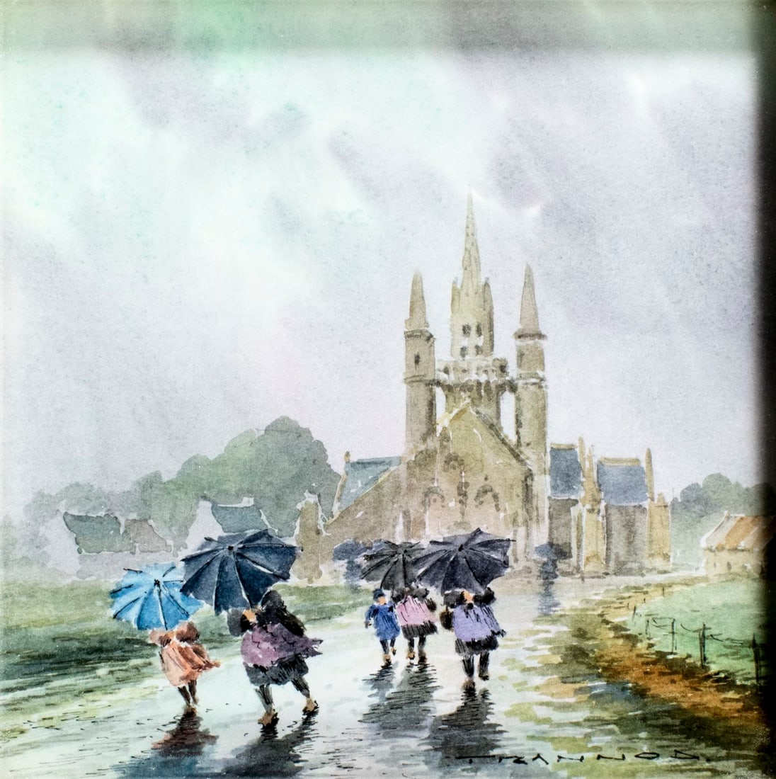 Michel Trannod (France,1931-?) watercolor painting: ARTIST: Michel Trannod (French, 1931 - ???) TITLE: People with Umbrellas MEDIUM: watercolor on paper CONDITION: Very good. Framed under glass. ART SIZE: