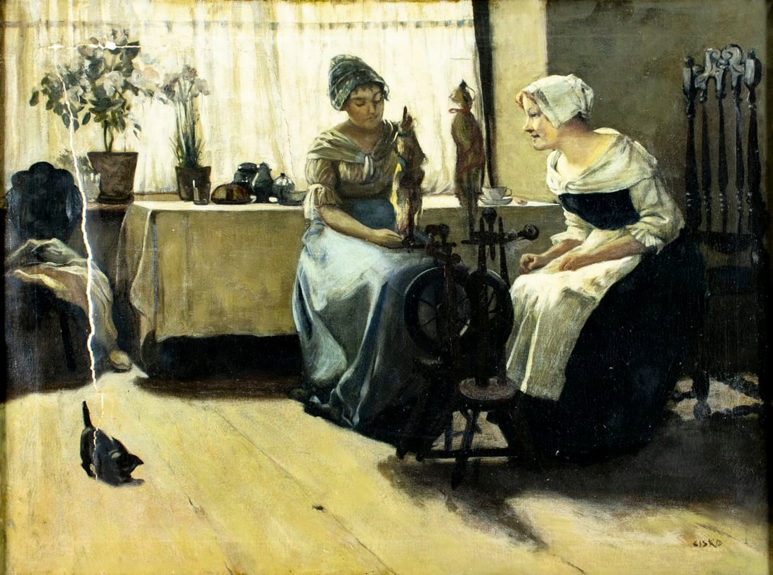 Cisko (Europe,19C) oil painting antique: ARTIST: Cisko (European, 19 century) TITLE: Women Spinning Yarn MEDIUM: oil on canvas CONDITION: Some patches. Some paint losses. Some craquelure. Some scattered inpaintings