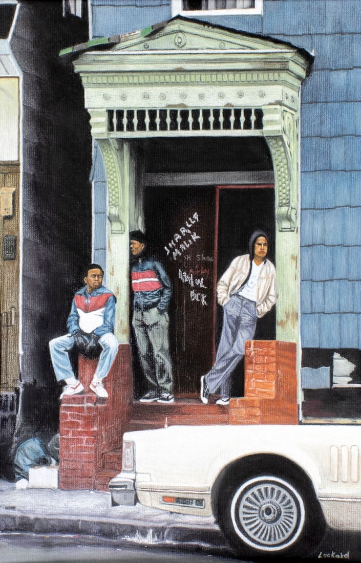 Lockard (US,20C) pastel painting: ARTIST: Lockard (American, 20 century) TITLE: Youths on Urban Porch MEDIUM: pastel on paper CONDITION: Few minor scratches/paint losses. Some small damages to the lower left