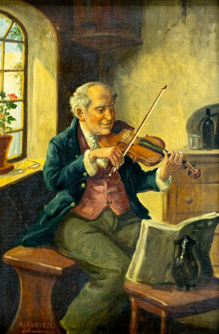 Alexander Austen (UK,1859-1924) oil painting antique: ARTIST: Alexander Austen (United Kingdom, 1859 - 1924) TITLE: Violinist MEDIUM: oil on canvas CONDITION: One small patch. Few small paint losses. Very minor craquelure. No v