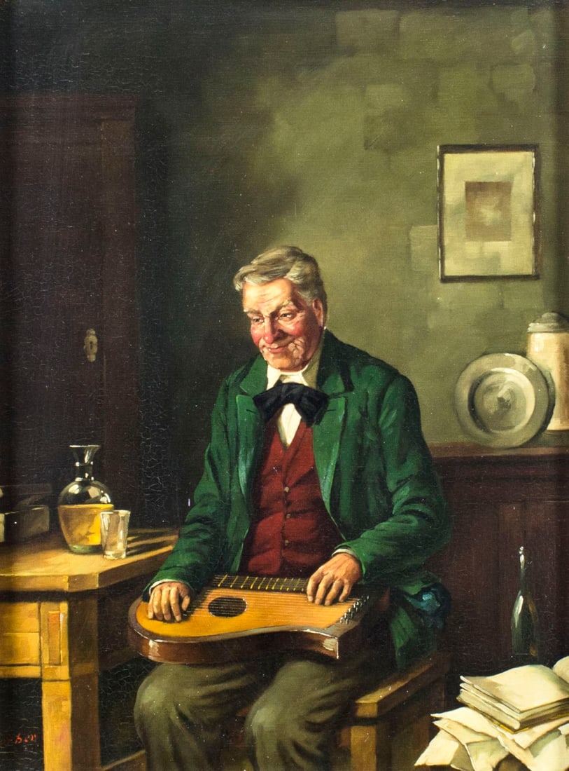 Franz Kerber (German,1901-?) oil painting: ARTIST: Franz Kerber (Germany, 1901 - ???) NAME: Man Playing a Zither MEDIUM: oil on canvas CONDITION: Minor craquelure. No visible inpaint under UV light. Wear to frame. SIGHT SIZE: 16 x