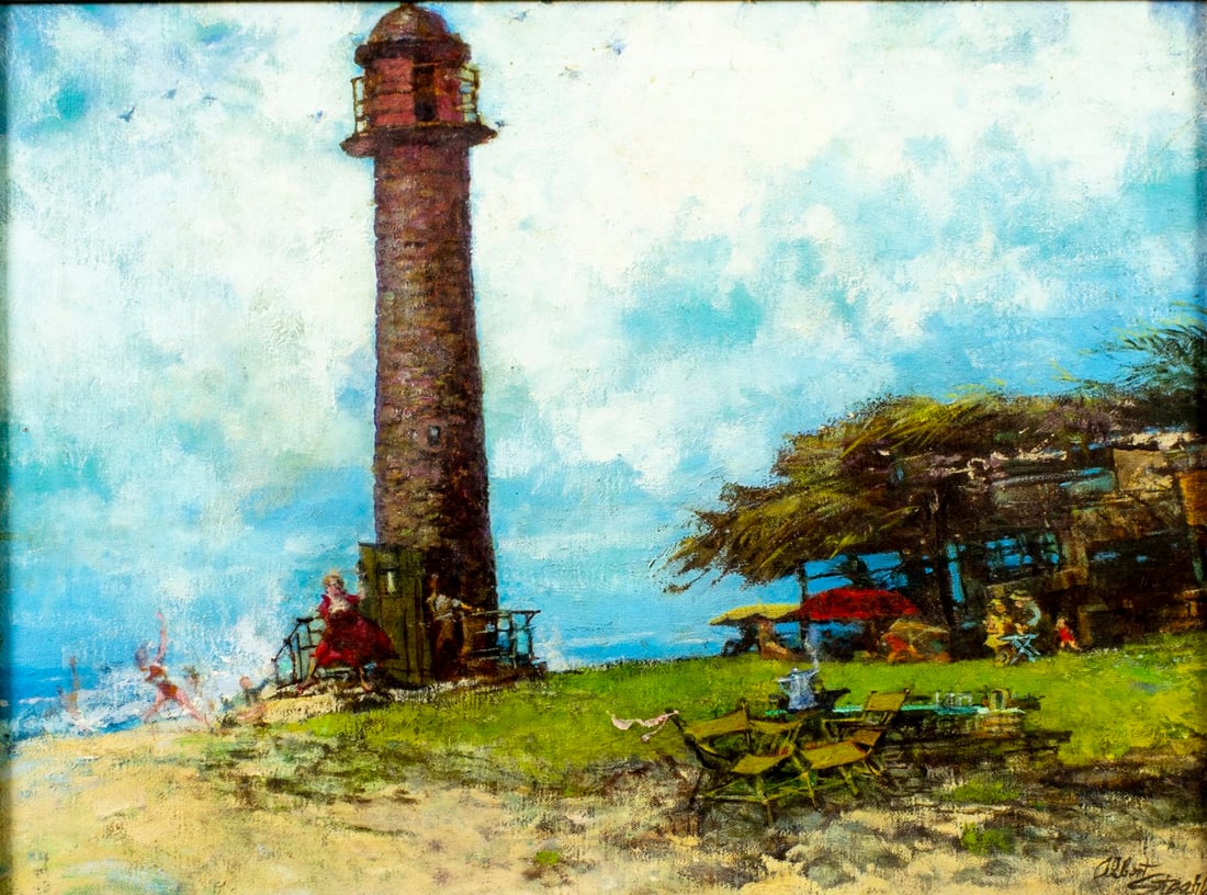 Albert Staehle (NY,Germany,1899-1974) oil painting: ARTIST: Albert Staehle (New York,German, 1899 - 1974) TITLE: Lighthouse Landscape, Keystone Point, FL (titled on verso) MEDIUM: oil on canvas CONDITION: Few small scratches/