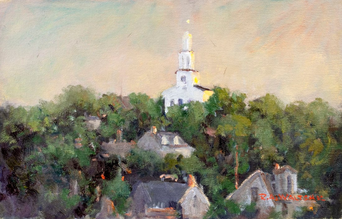 Robert Waltsak (NJ,b 1944) oil painting: ARTIST: Robert Alan Waltsak (New Jersey, born 1944) TITLE: Town Landscape with Church MEDIUM: oil on canvas. Canvas applied to board. CONDITION: Very good. No visible inpain