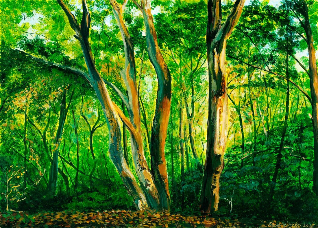 Katerina Kovalevska (Ukraine,20/21C) oil painting: ARTIST: Katerina Kovalevska (Ukrainian, 20/21 centuries) TITLE: Forest Landscape MEDIUM: oil on heavy paper CONDITION: Very good. No visible inpaint under UV light.