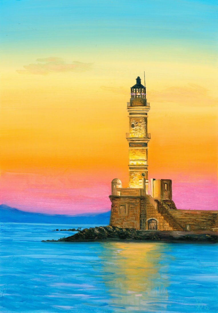 Oleksandr Pukhno (Ukraine,20/21C) oil painting: ARTIST: Oleksandr Pukhno (Ukraine, 20/21 centuries) TITLE: Sunset Lighthouse Landscape MEDIUM: oil on heavy paper CONDITION: Very good. No visible inpaint under UV light.