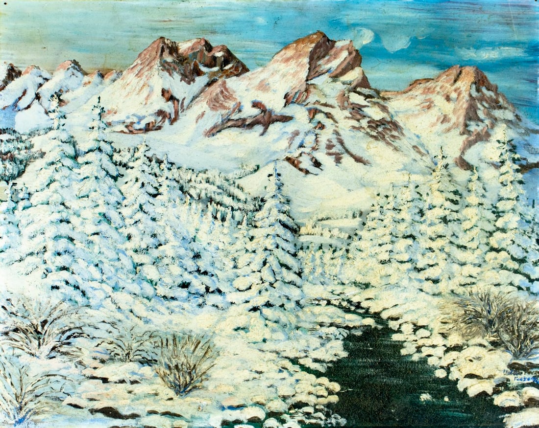 Walter Peczenik (US,mid 20C) oil painting: ARTIST: Walter Peczenik (American, mid 20 century) TITLE: Winter Mountain Landscape MEDIUM: oil on canvas board CONDITION: Few nail holes along edges. Some scratches/paint