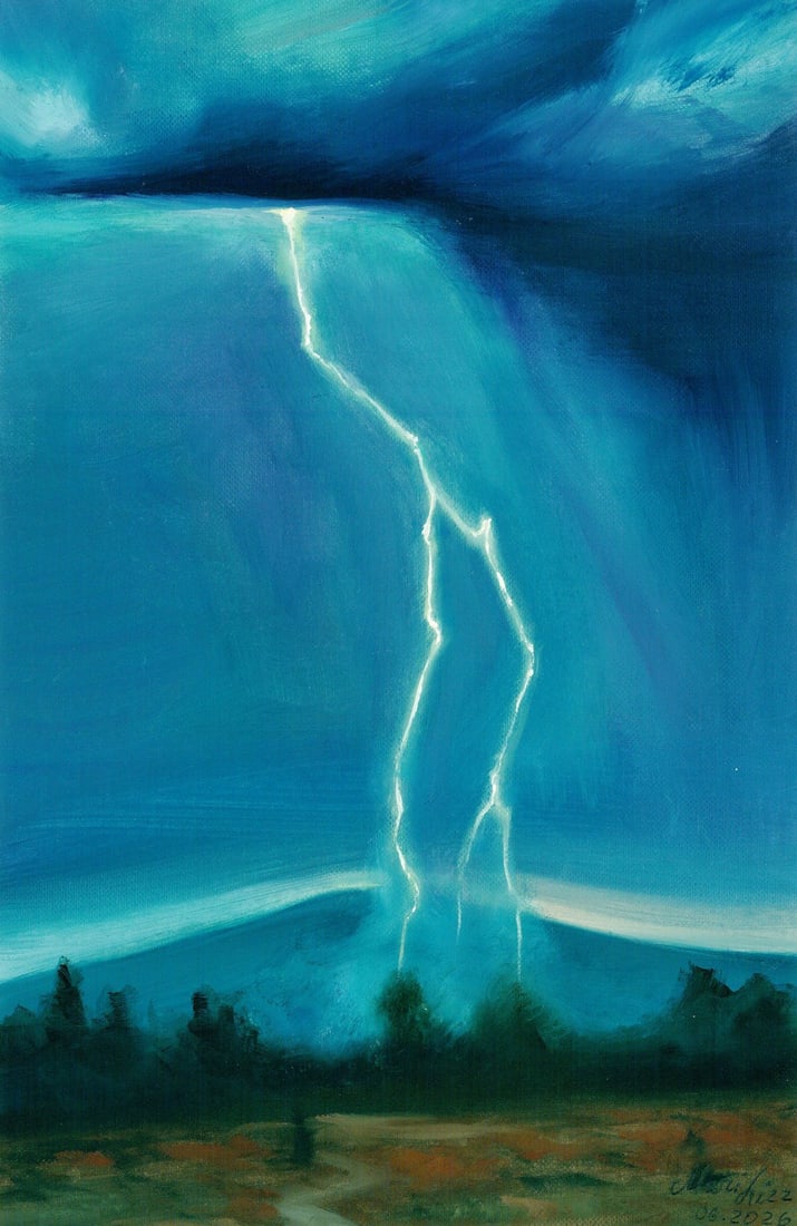 Maria Sidorenko (Ukraine,20/21C) oil painting: ARTIST: Maria Sidorenko (Ukraine, 20/21 centuries) TITLE: Storm Landscape with Lightning MEDIUM: oil on heavy paper CONDITION: Very good. No visible inpaint under UV light.<