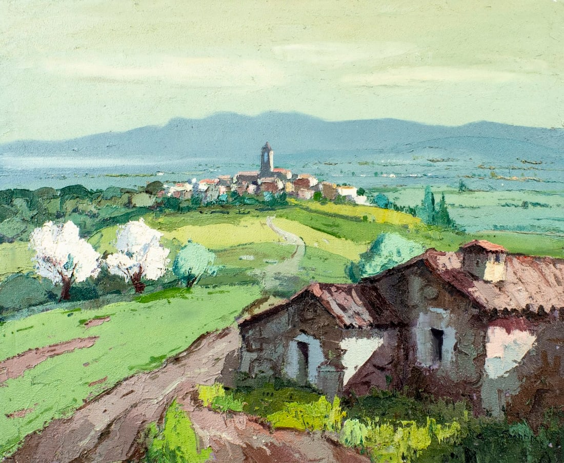 L Santin (Europe,20C) oil painting: ARTIST: L Santin (European, 20 century) TITLE: Village Landscape MEDIUM: oil on canvas CONDITION: Unstretched (In-House stretching available) (In-House stretching available)