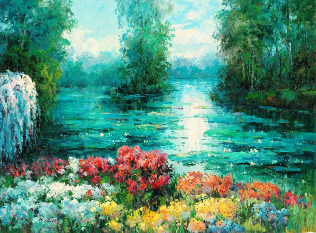 Sang M Lee (South Korea,US,b 1949) oil painting: ARTIST: Sang M Lee (South Korean, American, born 1949) TITLE: Garden Lake Landscape MEDIUM: oil on canvas CONDITION: Unstretched (In-House stretching available). A few minor