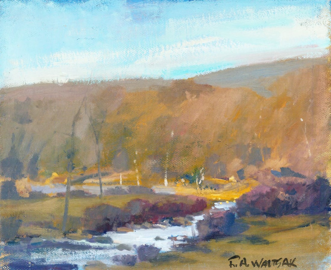 Robert Waltsak (NJ,b 1944) oil painting: ARTIST: Robert Alan Waltsak (New Jersey, born 1944) TITLE: Autumn River Landscape MEDIUM: oil on canvas. Canvas applied to board. CONDITION: Overall good. No visible inpaint