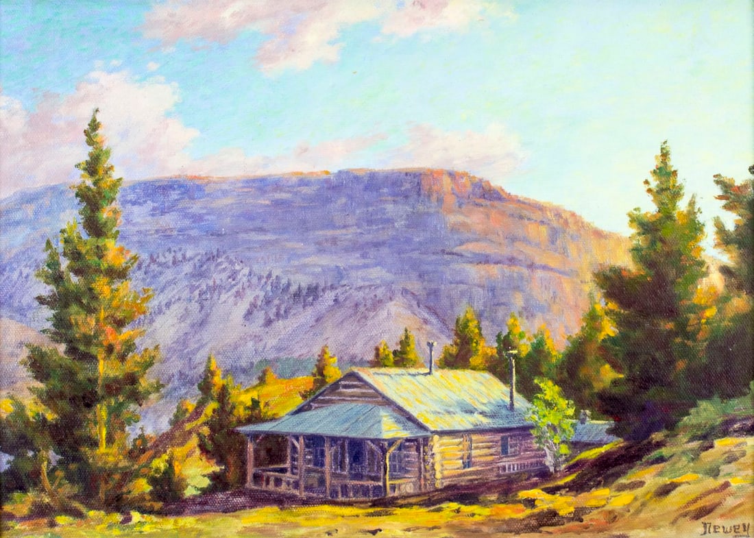 Newey (US,mid 20C) oil painting: ARTIST: Newey (American, mid 20 century) NAME: Mountain Landscape MEDIUM: oil on board CONDITION: Very good. No visible inpaint under UV light. SIGHT SIZE: 12 1/2 x 18 inches / 33 x 45 cm