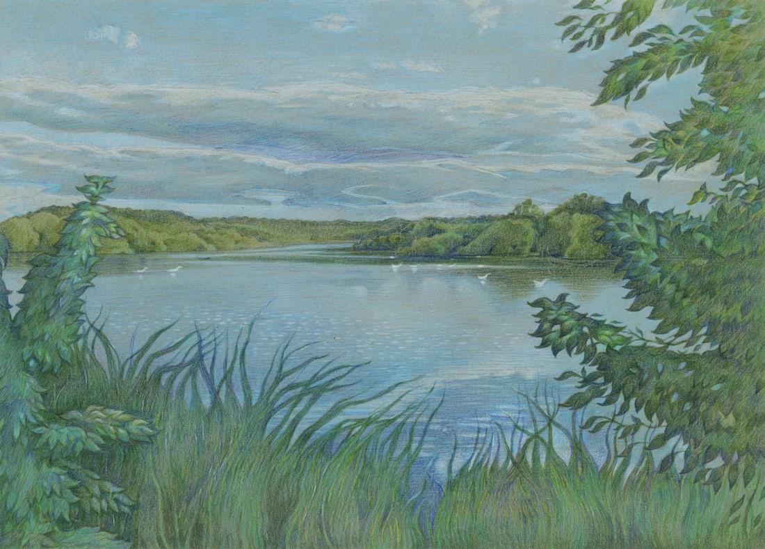 Elizaveta Shilenina (Ukraine,20/21C) colored pencil painting: ARTIST: Elizaveta Shilenina (Ukrainian, 20/21 centuries) TITLE: Lake Landscape MEDIUM: colored pencil on heavy paper CONDITION: Very good. ART SIZE: 8 x
