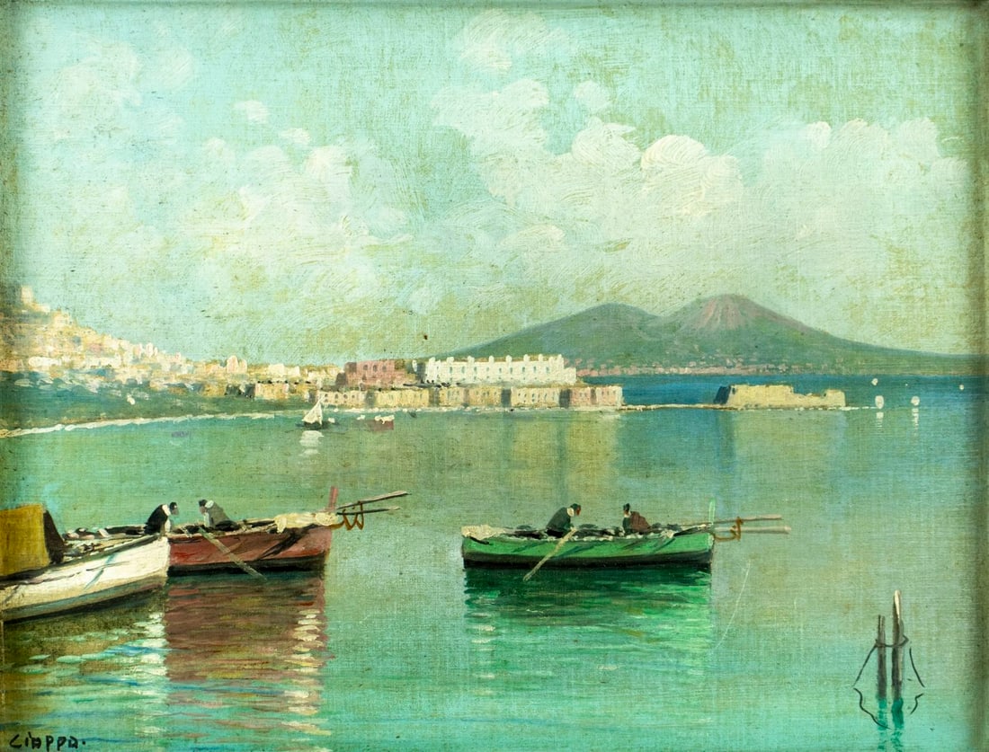 Ciappa (Italy,mid 20C) oil painting: ARTIST: Ciappa (Italian, mid 20 century) TITLE: Coastal Landscape with Boats MEDIUM: oil on canvas. Canvas applied to board. CONDITION: Few small scratches/paint losses. No