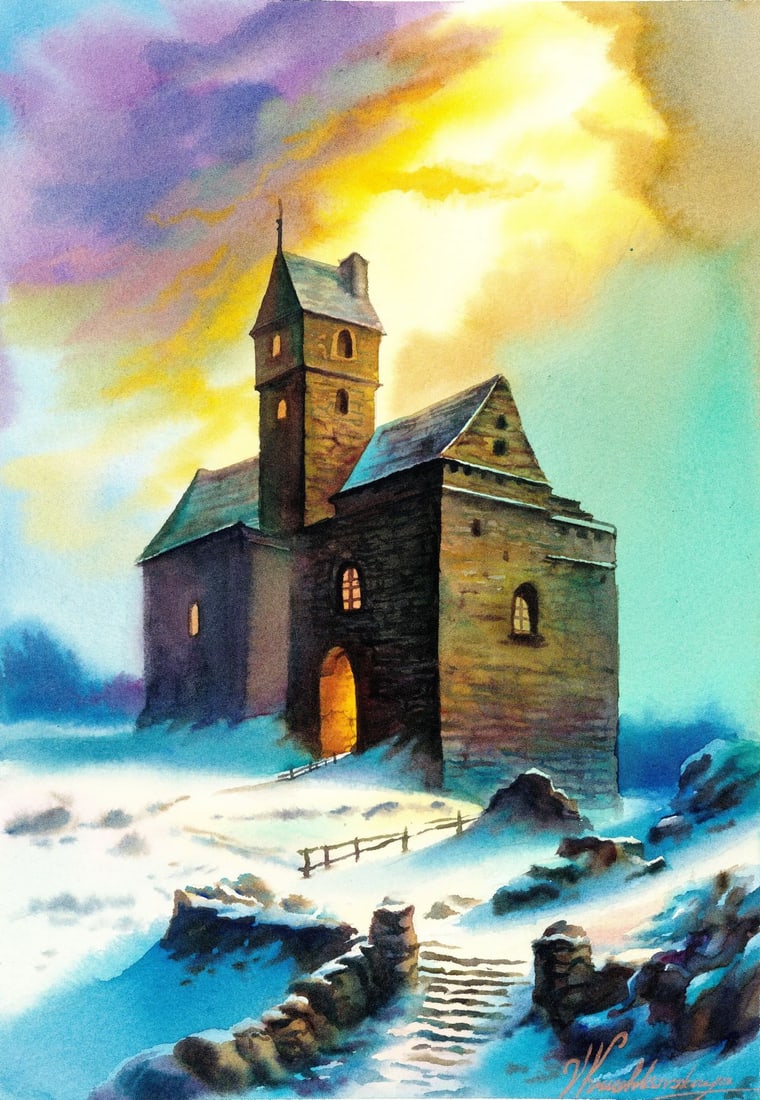 Veronika Kruchkovskaya (Ukraine,b 2004) watercolor painting: ARTIST: Veronika Kruchkovskaya (Ukrainian, born 2004) TITLE: Winter Sunset Landscape with Mansion MEDIUM: watercolor on heavy paper CONDITION: Very good. ART SIZE