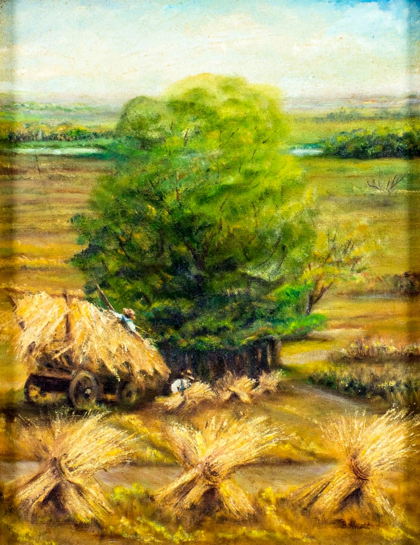 Barbara D Knott (FL,20C) oil painting: ARTIST: Barbara D Knott (Florida, 20 century) NAME: Golden Fields - Harvest (titled on verso) YEAR: 1974 MEDIUM: oil on canvas CONDITION: Some craquelure. No visible inp