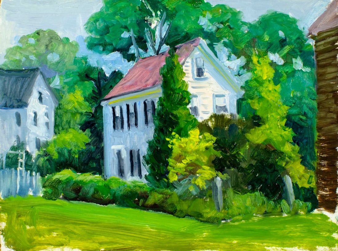 George Holloway (NJ,20C) oil painting: ARTIST: George Holloway (New Jersey, 20 century) TITLE: Landscape with Cottages MEDIUM: oil on board CONDITION: Few minor paint losses by the left edge. No visible inpaint u