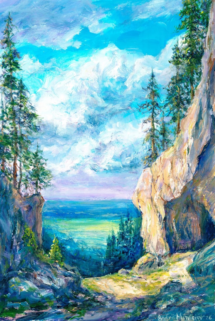 Andriy Matveiev (Ukraine,b 1988) oil painting: ARTIST: Andriy Matveiev (Ukraine, born 1988) TITLE: Mountain Landscape MEDIUM: oil on heavy paper CONDITION: Very good. No visible inpaint under UV light. ART SIZ