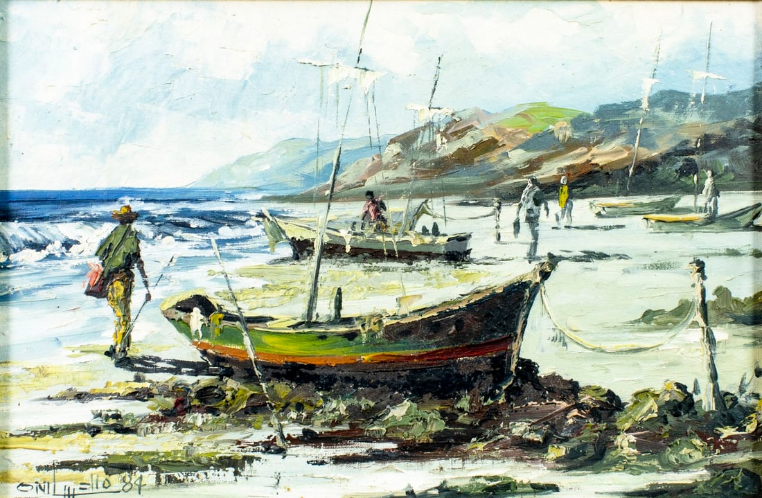 Onil de Mello (Brazil,b 1948) oil painting: ARTIST: Onil de Mello (Brazilian, born 1948) TITLE: Coastal Landscape with Boats YEAR: 1984 MEDIUM: oil on canvas CONDITION: Minor craquelure. No visible