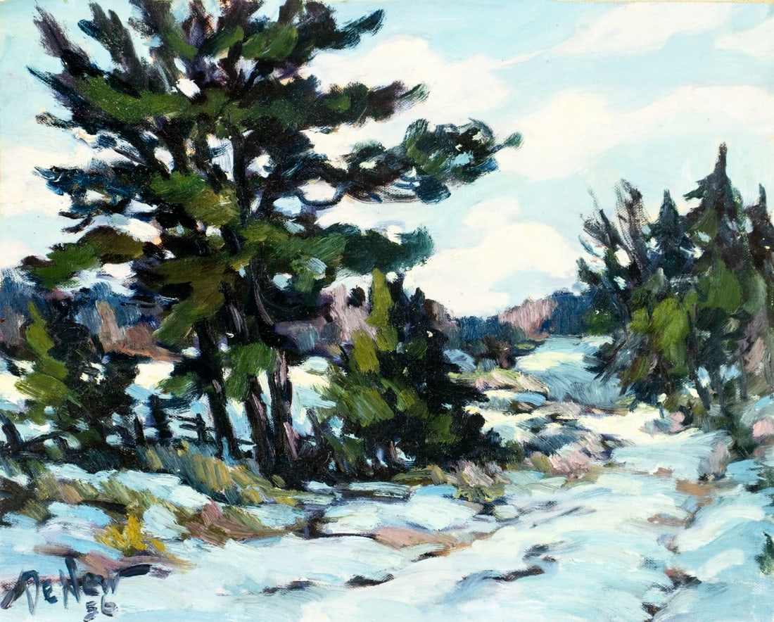 DeNew (US,mid 20C) oil painting: ARTIST: DeNew (American, mid 20 century) TITLE: Landscape - Last Snow Storm of the Winter YEAR: 1956 MEDIUM: oil on canvas. Canvas applied to board. CONDITION: