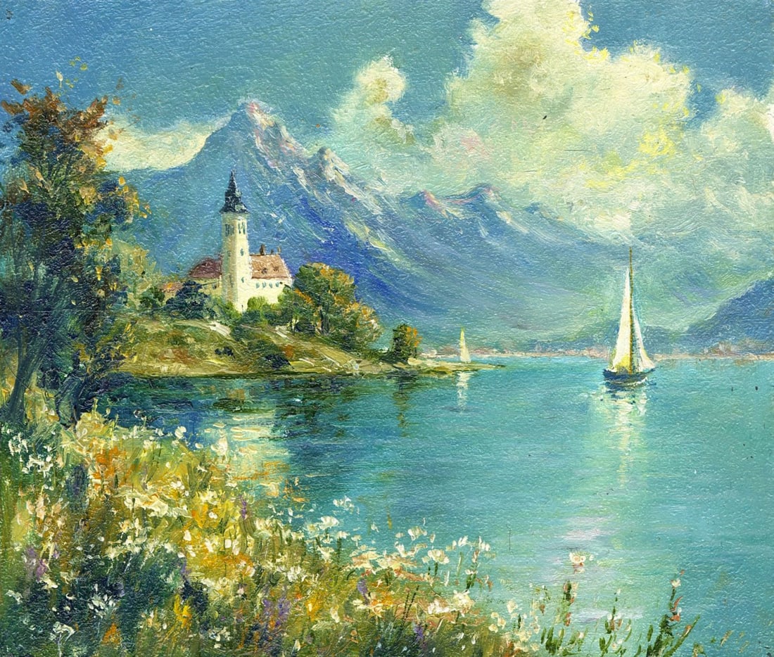 Sergey Kozachkin (Ukraine,b 1965) oil painting: ARTIST: Sergey Vasilievich Kozachkin (Ukraine, born 1965) TITLE: Mountain Lake Landscape MEDIUM: oil on board CONDITION: Very good. No visible inpaint under UV light.