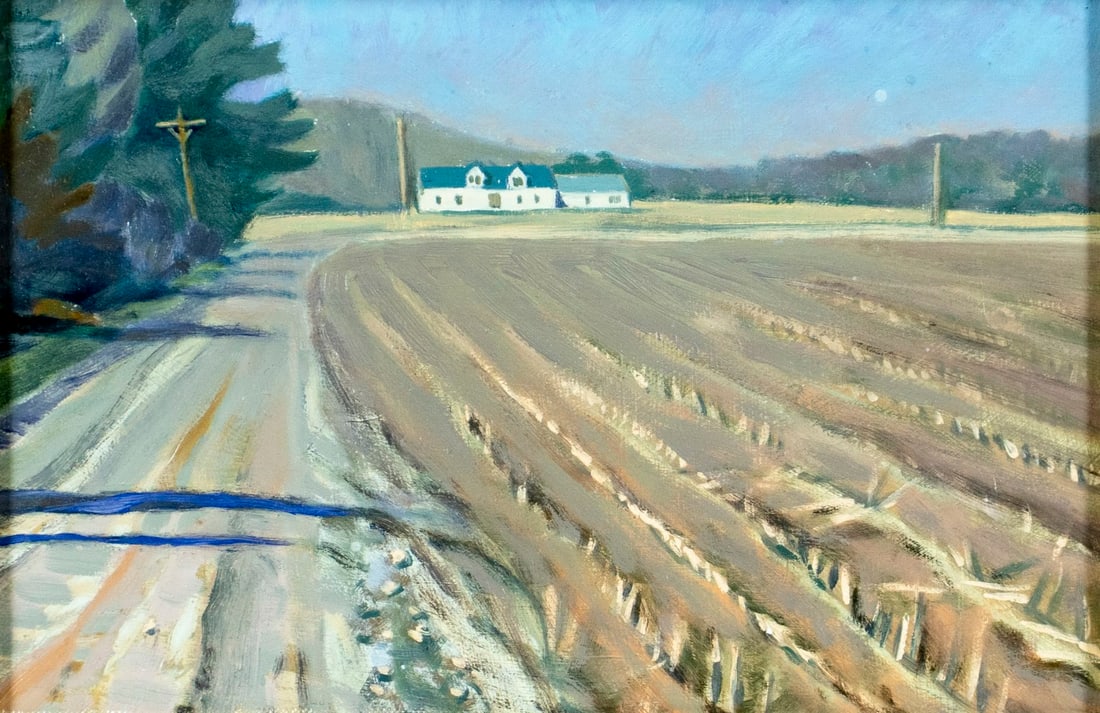 Alison Rector (ME,20/21C) oil painting: ARTIST: Alison Rector (Maine, 20/21C) TITLE: Dickey Hill Rd Landscape, New England (titled on label) YEAR: 1995 MEDIUM: oil on board CONDITION: Overall g