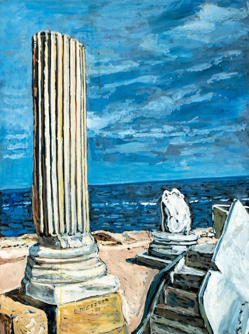 Evelyn Metzger (NY,Brazil,1911-2007) oil painting: ARTIST: Evelyn Borchard Metzger (New York, Brazilian, 1911 - 2007) TITLE: Tripoly, Libya (titled on verso) YEAR: 2003 MEDIUM: oil on board CONDITION: Som