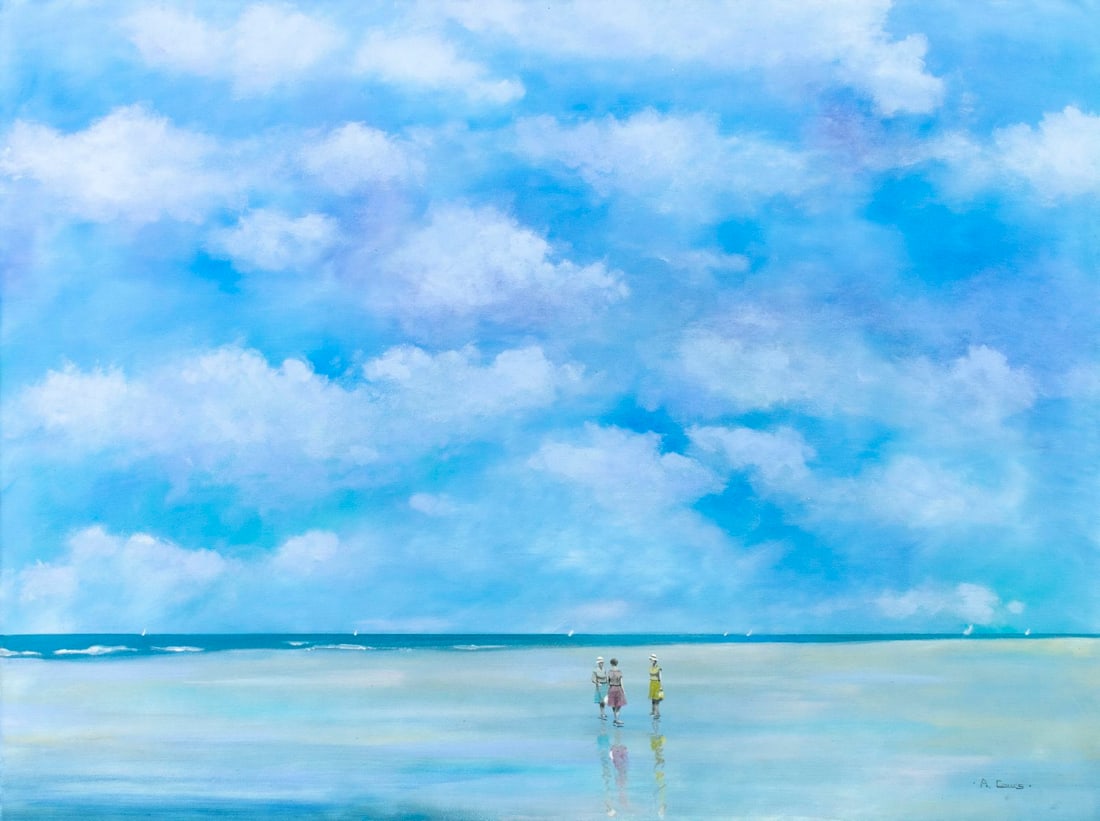 Alan Cours (OH,NY,1950-?) oil painting: ARTIST: Alan David Cours (Ohio, New York, 1950 - ???) TITLE: Beach Scene MEDIUM: oil on canvas CONDITION: Unstretched (In-House stretching available) (In-House stretching av