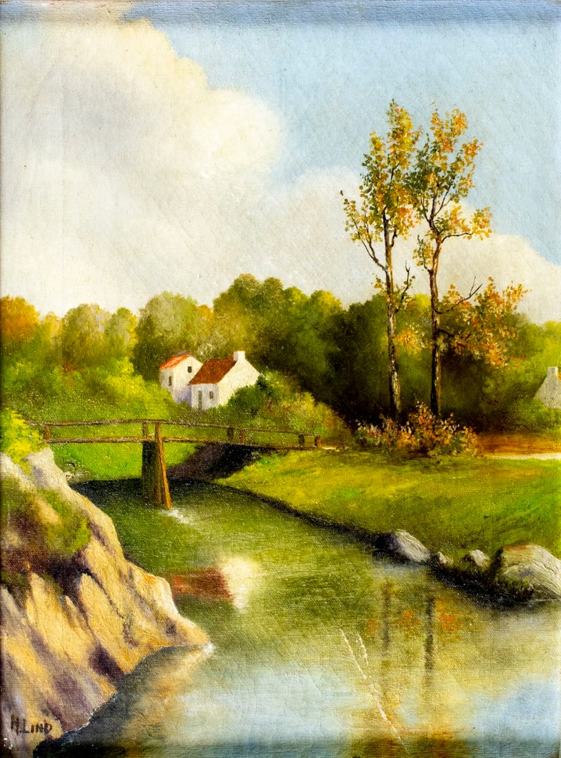 H Lind (US,early 20C) oil painting antique: ARTIST: H Lind (American, early 20 century) TITLE: River Landscape with Cottage and Bridge MEDIUM: oil on canvas CONDITION: Two small patches. Some scratches/paint losses. S
